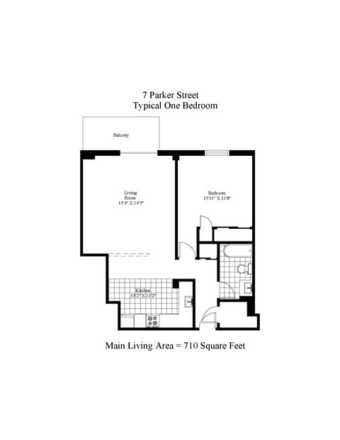 Floor plan for 1 bed, 1 bath, 710 sqft